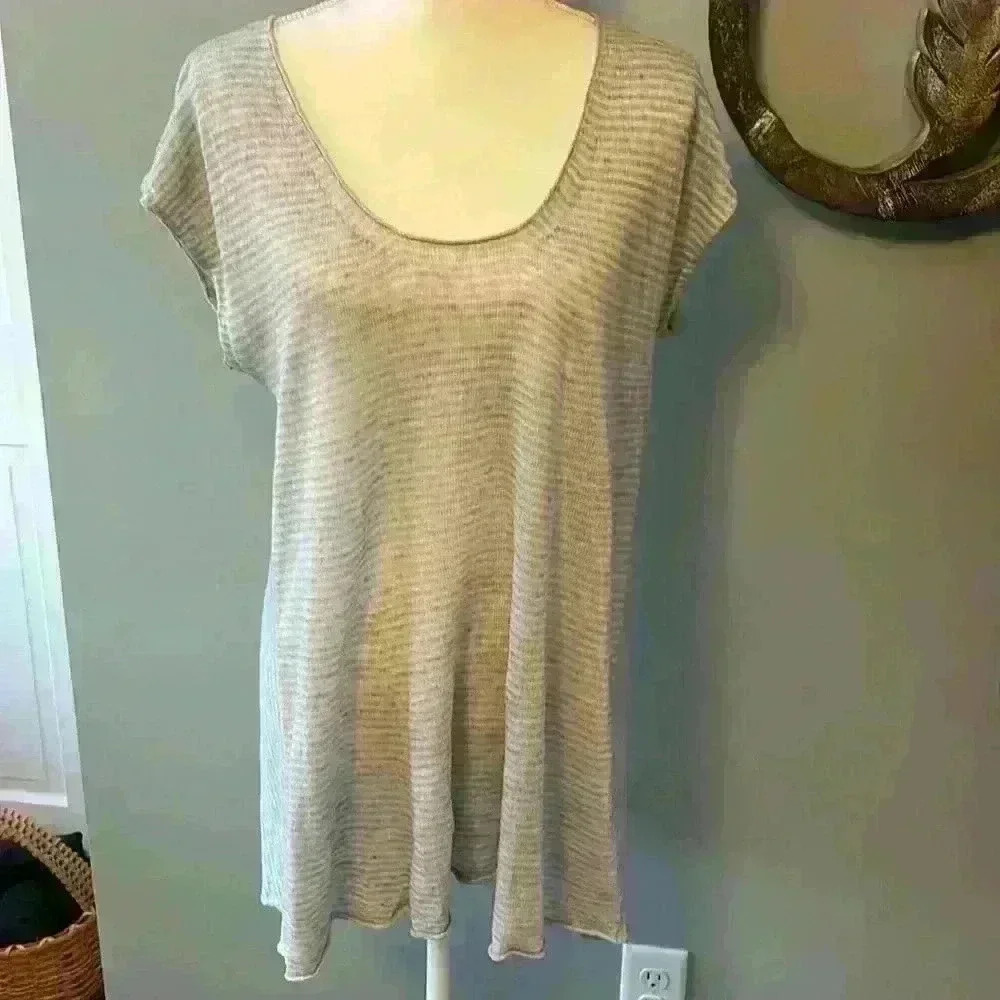 Eileen Fisher sheer linen gray stripped tunic size L